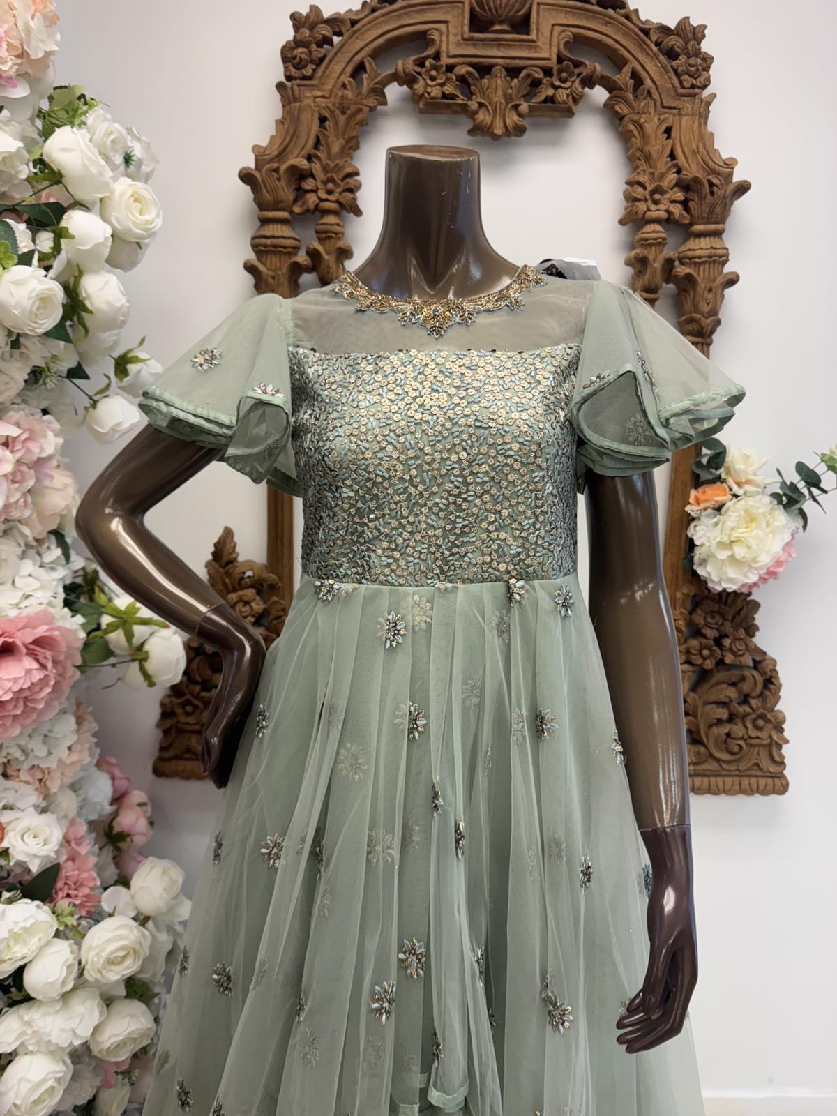 Sage Embroidered Layered Gown