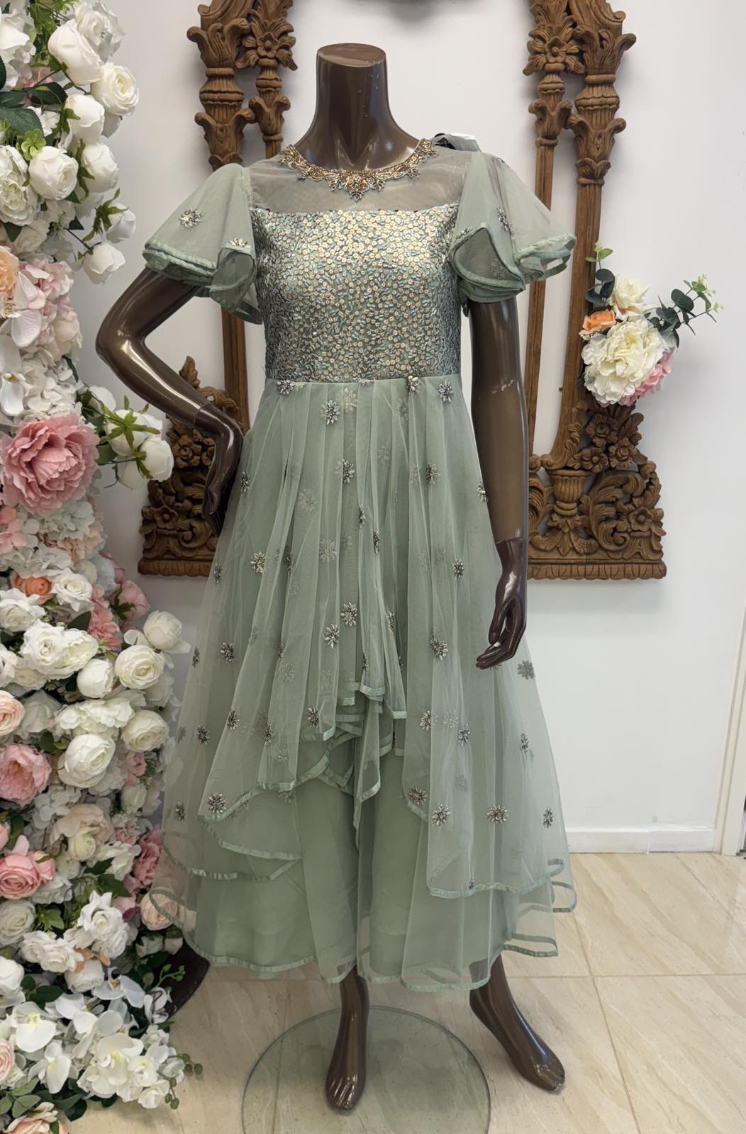 Sage Embroidered Layered Gown
