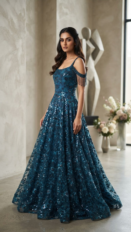 Teal Embellished Off‑Shoulder Gown