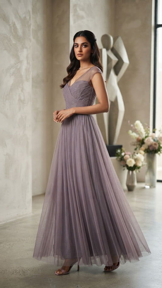 Lavender Sheer V‑Neck Tulle Gown