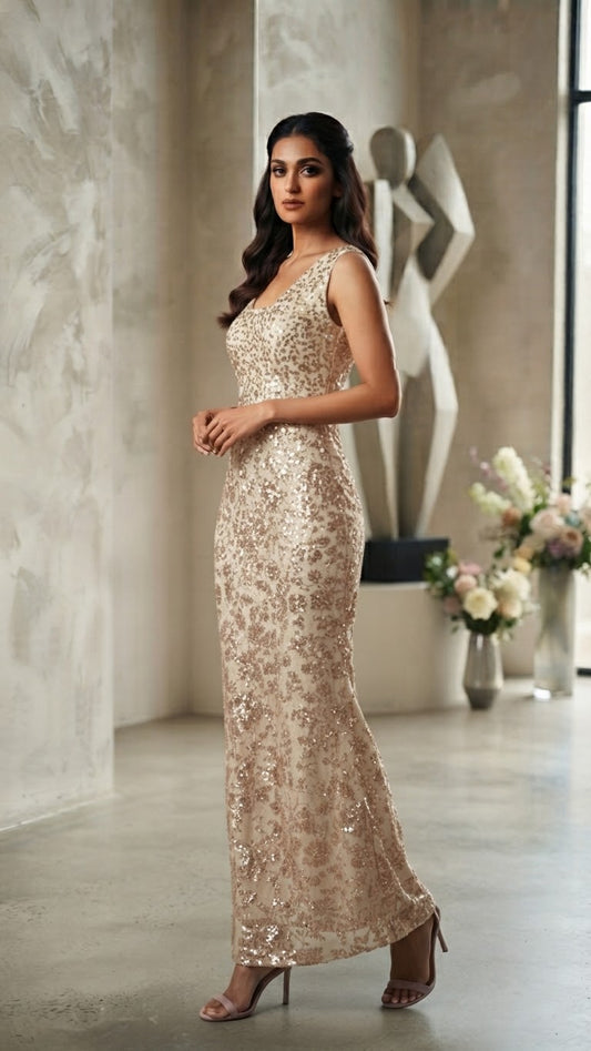 Sequin Golden Square‑Neck Gown