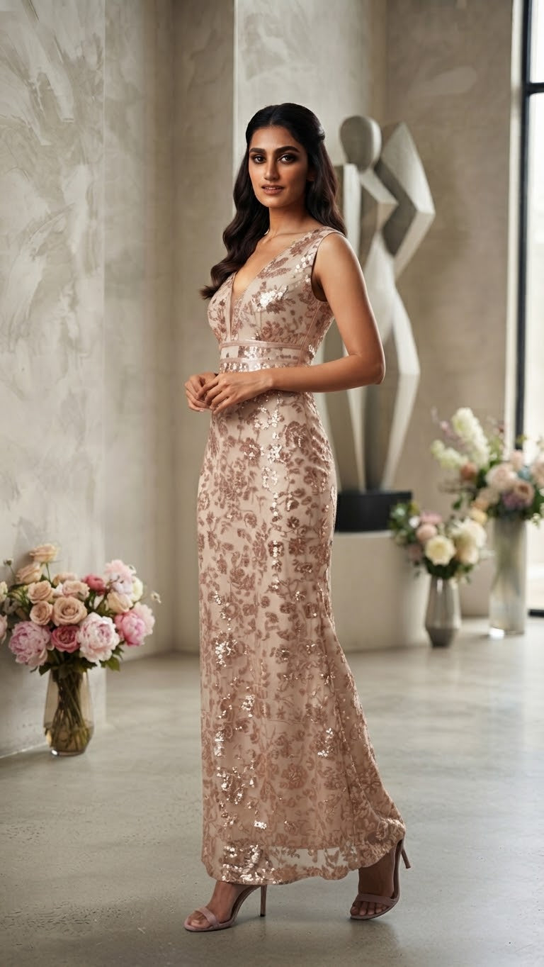 Blush Petal V‑Neck Gown