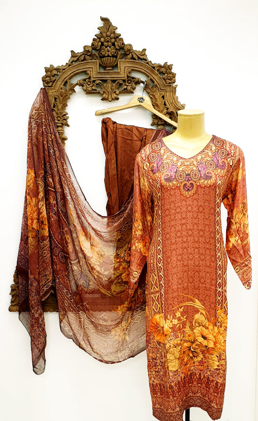 Brown & Yellow Printed Kameez
