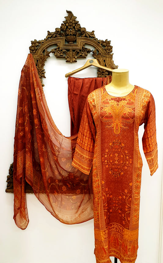 Yellow & Burnt Orange Printed Kameez