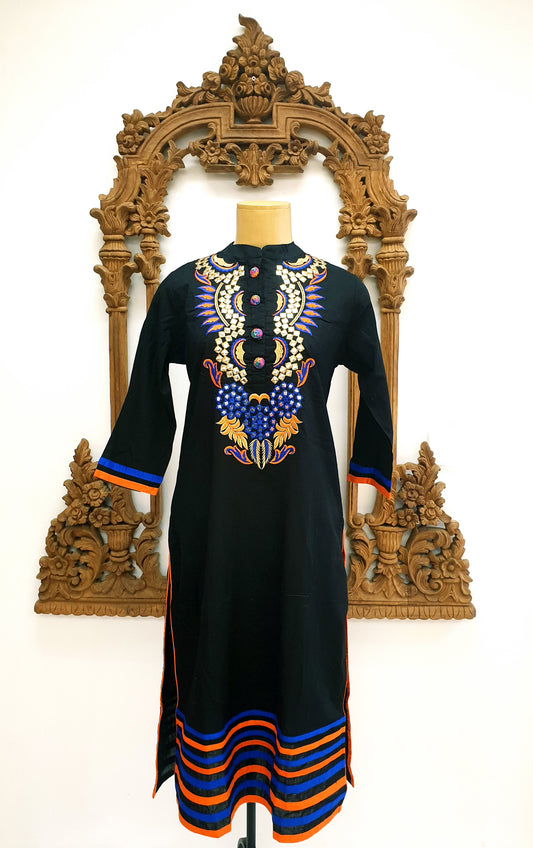 Black Embroidered Cotton Kurti