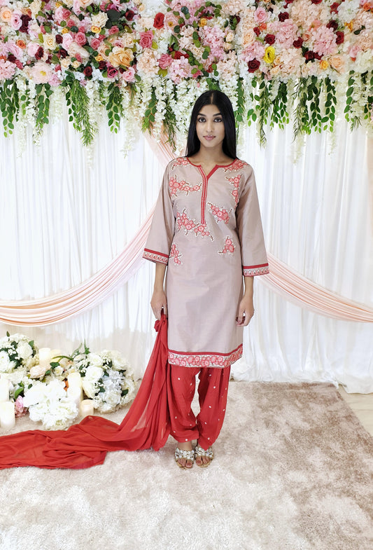 Beige & Red Cotton Patyala Kameez
