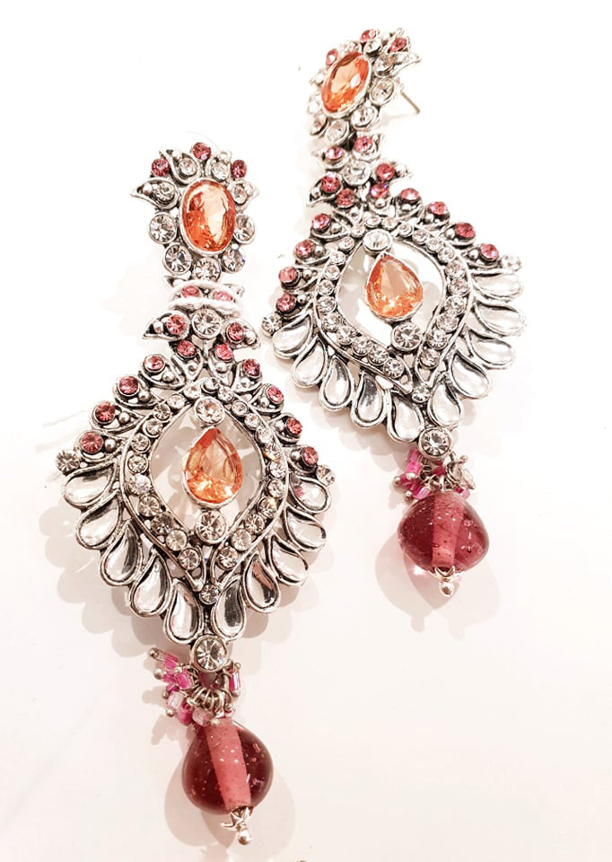 Peach & Silver Kundan Earrings