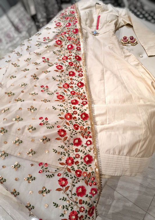 Silk Ivory Gown with Floral Dupatta